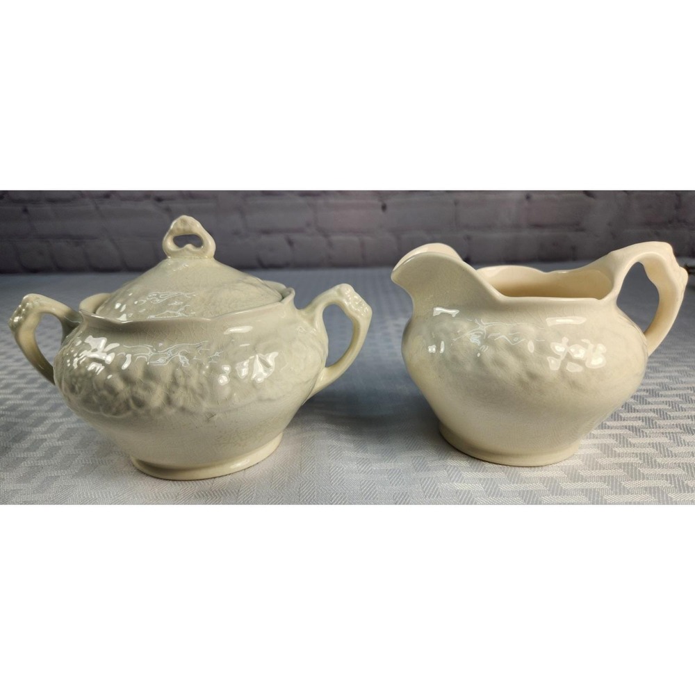 Vintage Crown Ducal Florentine Cream & Sugar Bowl Set Embossed Fruit Floral